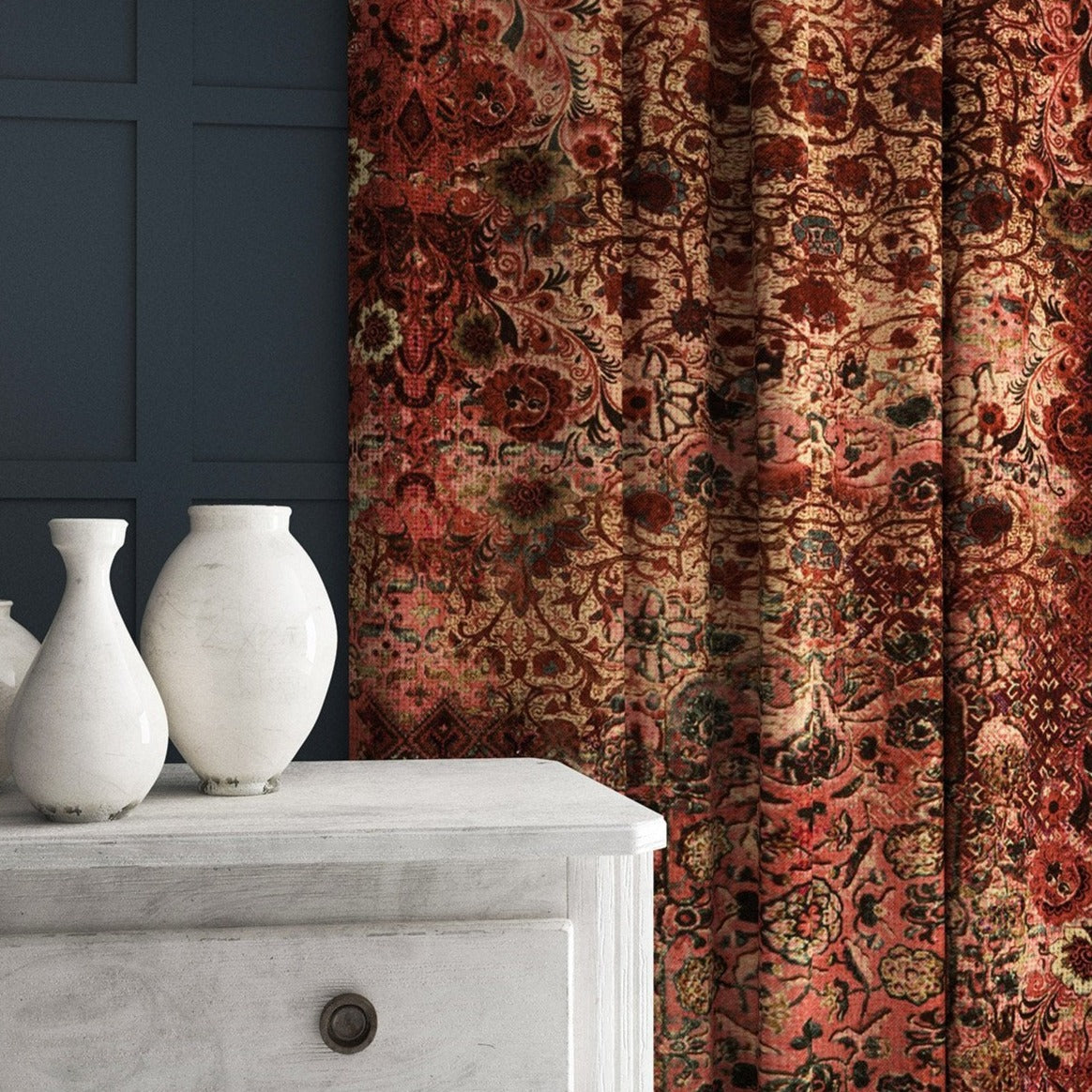 Velvet curtains in an antique carpet-style design.