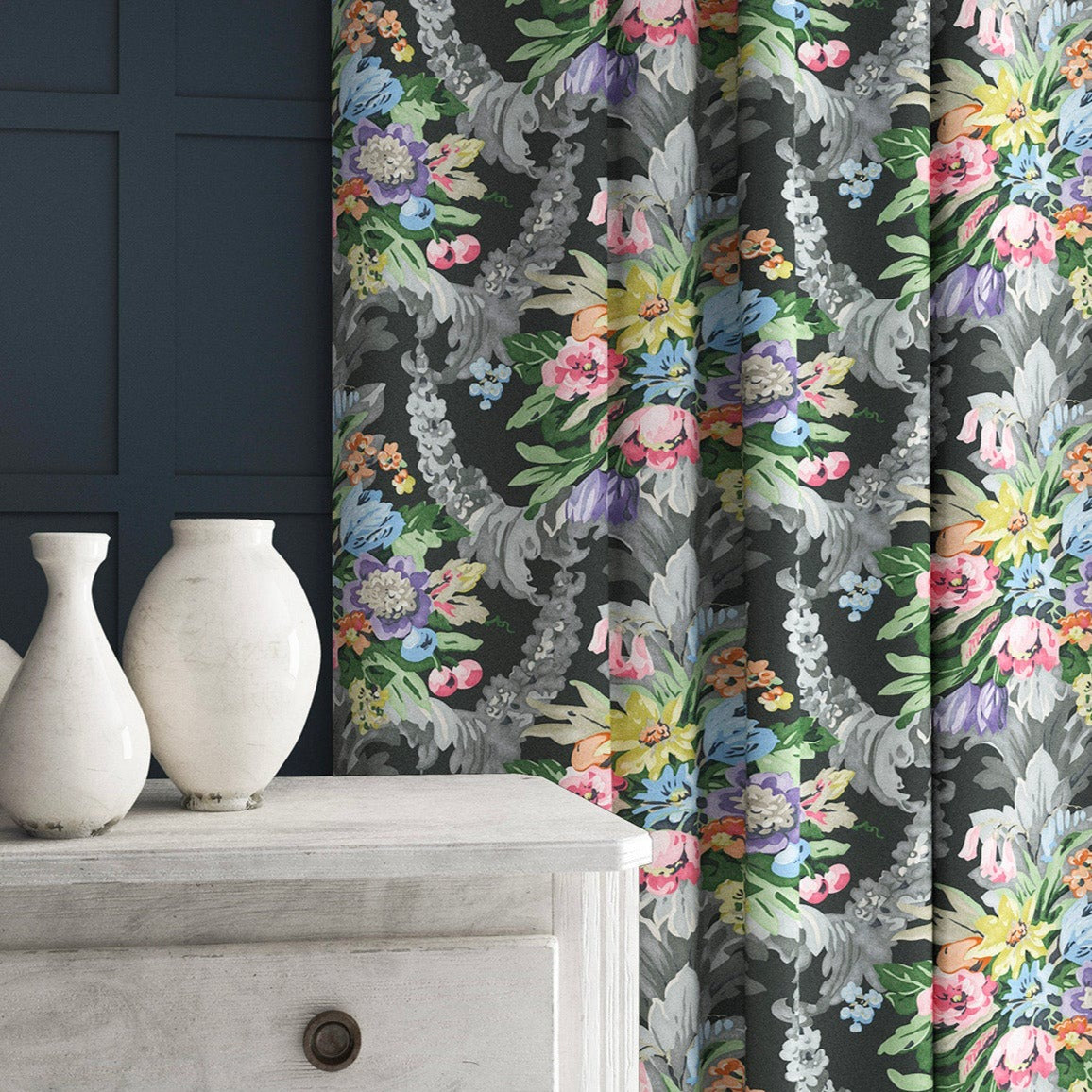 Curtains in a velvet fabric with vibrant floral bouquet and stain resistant finish